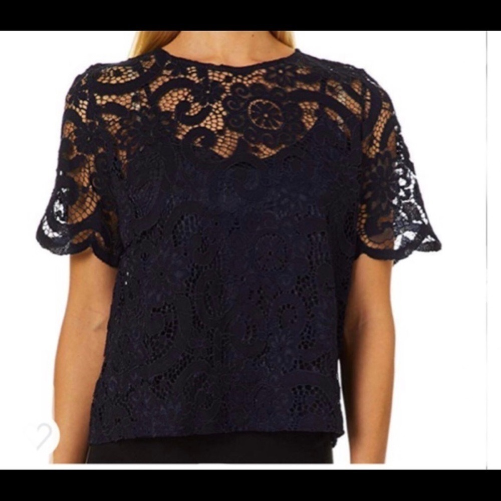 Nanette Lepore Black Floral Guipure Lace Top with Back Bow and Camisole Lining